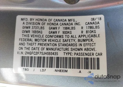 2018 Honda Civic Ex z USA, uszkodzony, nr VIN 2HGFC2F75JH593435